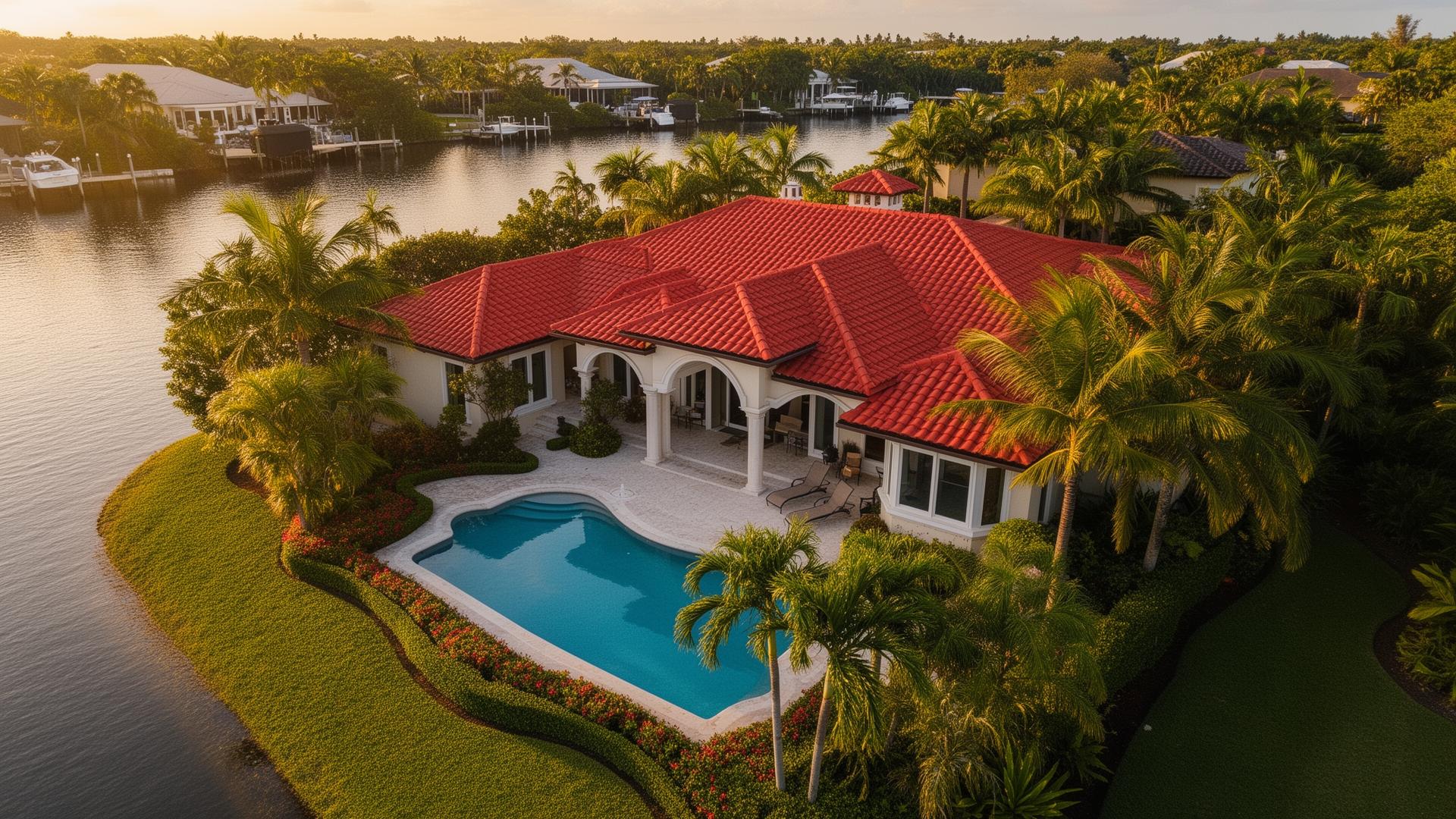 Aerial view of a Florida waterfront home